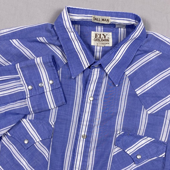 Ely Cattleman Other - Ely Cattleman Western Shirt Mens 2XL Tall Blue White Striped Pearl Snap Country
